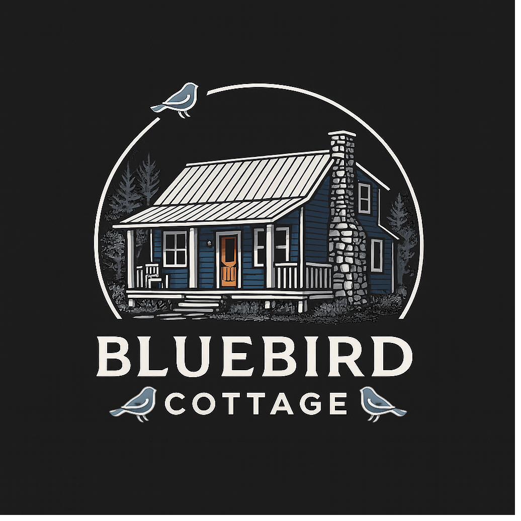 Bluebird Cottage logo: a blue cabin with three bluebirds
